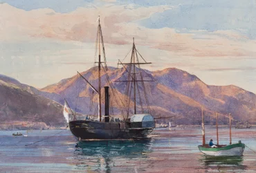 Gaeta: eine Dampffregatte, möglicherweise das königliche Dampfschiff Delfino oder Archimede, die die Borbone-Flagge führt, mit Ergänzungen eines Borbone-Schülers, möglicherweise Prinzessin Maria Annunziata di Borbone (1843-1871)